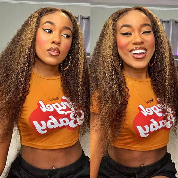Highlighted Kinky Curly Honey Blonde Brazilian Virgin Hair Lace Front Wig - HD Lace