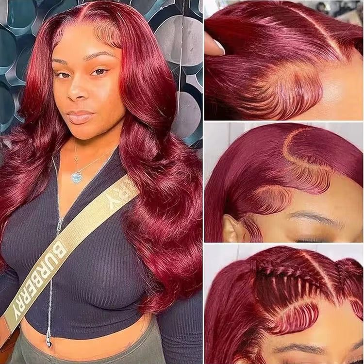 Burgundy Body Wave Brazilian Virgin Hair Lace Front Wig - Transparent Lace