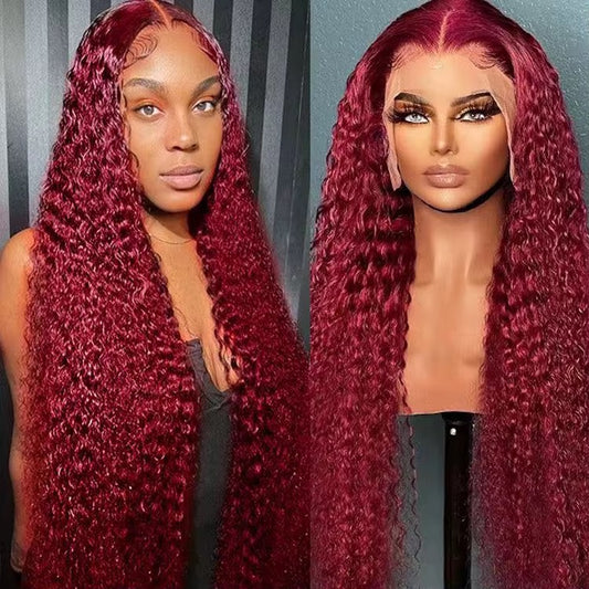 Burgundy Kinky Curly Brazilian Virgin Hair Lace Front Wig - HD Lace