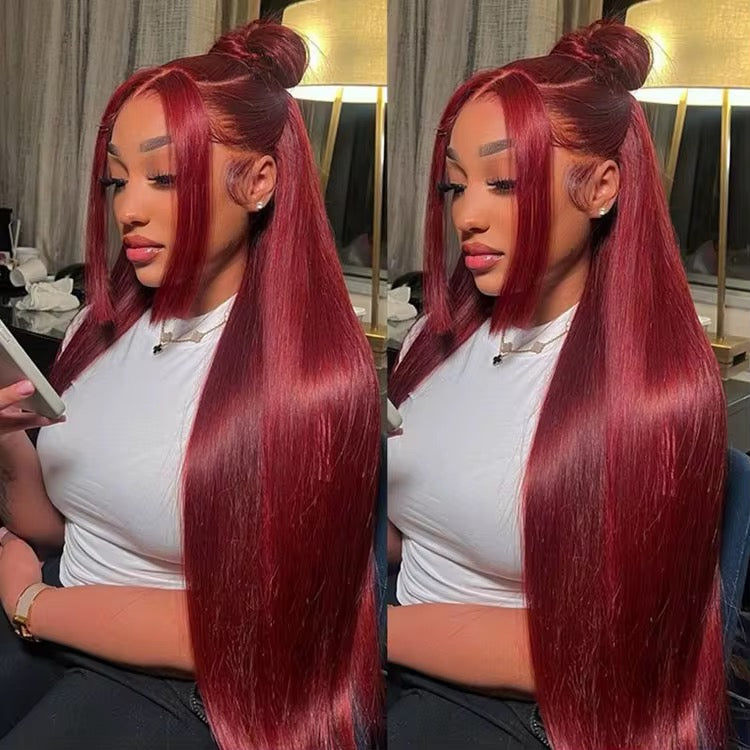 Burgundy Straight  Brazilian Virgin Hair Lace Front Wig - Transparent Lace