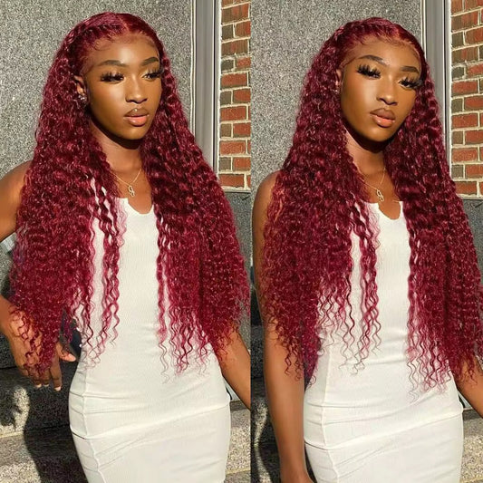 Burgundy Deep Wave Brazilian Virgin Hair Lace Front Wig - HD Lace