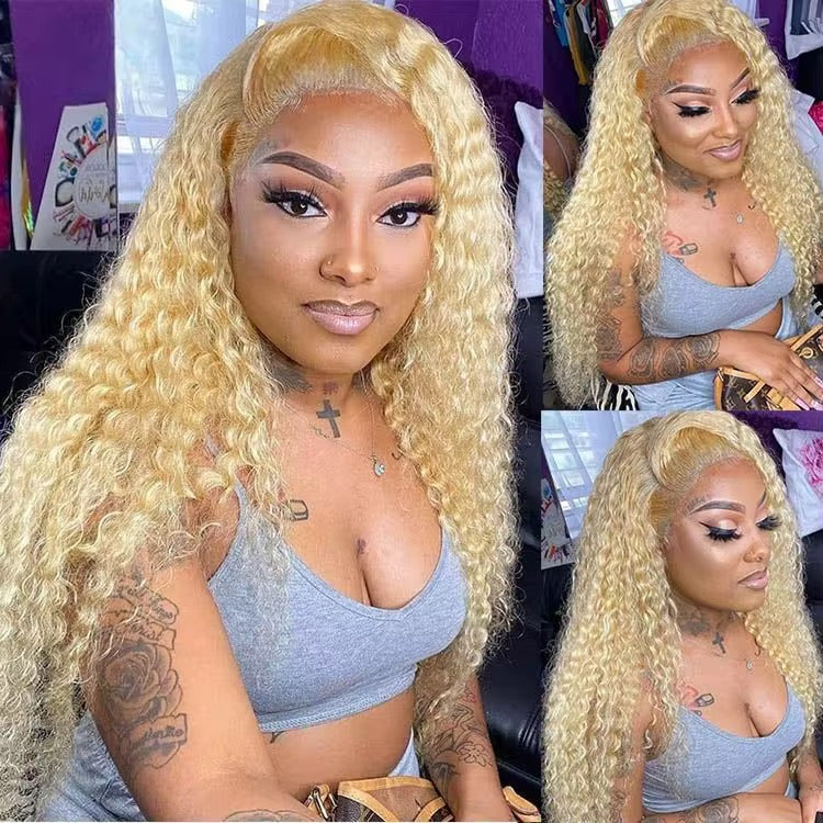 Blonde Kinky Curly Brazilian Virgin Hair Lace Front Wig - HD Lace