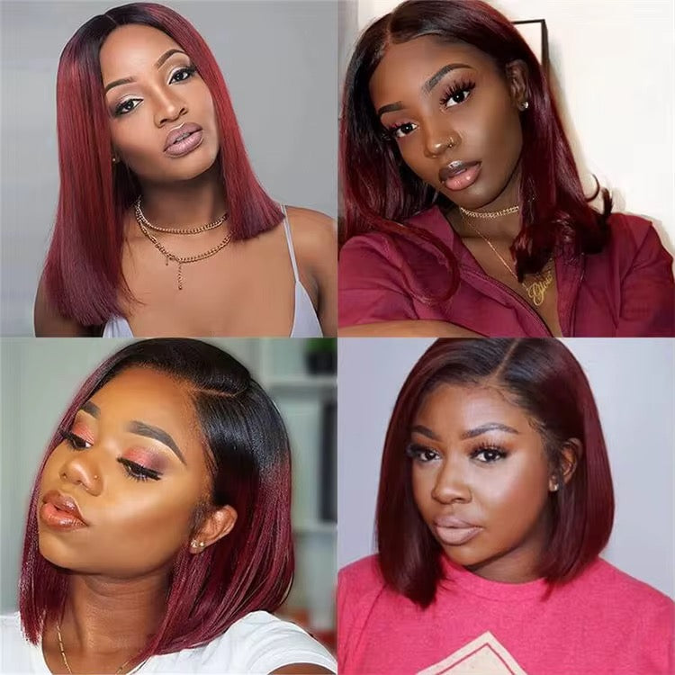 Ombre Burgundy Straight Peruvian Human Hair Lace Front Bob Wig - Transparent Lace